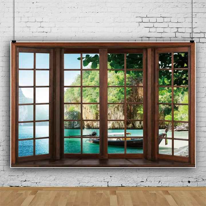 Renaiss 2.2x1.5m Frühling Holzfenster Landschaft Fotografie Kulisse Grün Berg See Blätter Boot Natür