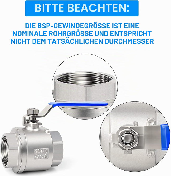 ERGAOBOY 1 Stück 1-1/4" BSP-Innengewinde Hochleistungs-Kugelhahn mit vollem Durchgang aus Edelstahl