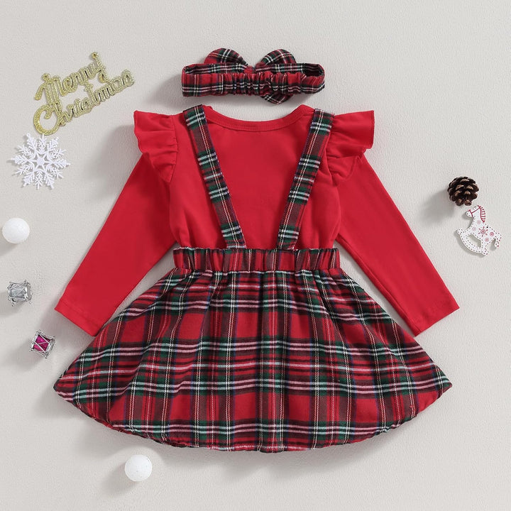 Himllauen Baby Mädchen Weihnachtsoutfit Langarm Body + Karo Straps Rock + Haarband 3tlg Set Kleinkin