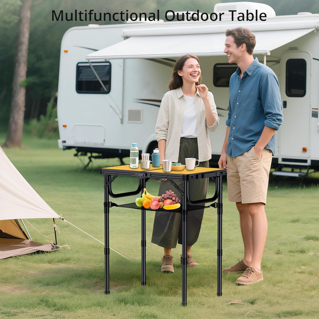 Anbte Campingtisch Klappbar 58x40cm Aluminium Schwarz-Rahmen Picknicktisch 3 Höhen Verstellbar 26/48