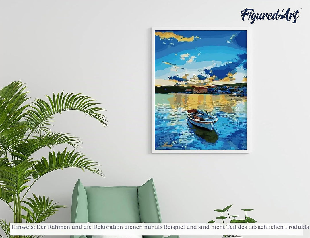 Figured'Art Malen Nach Zahlen Erwachsene Mit Rahmen Boot und Sonnenaufgang - Paint by Numbers Bastel