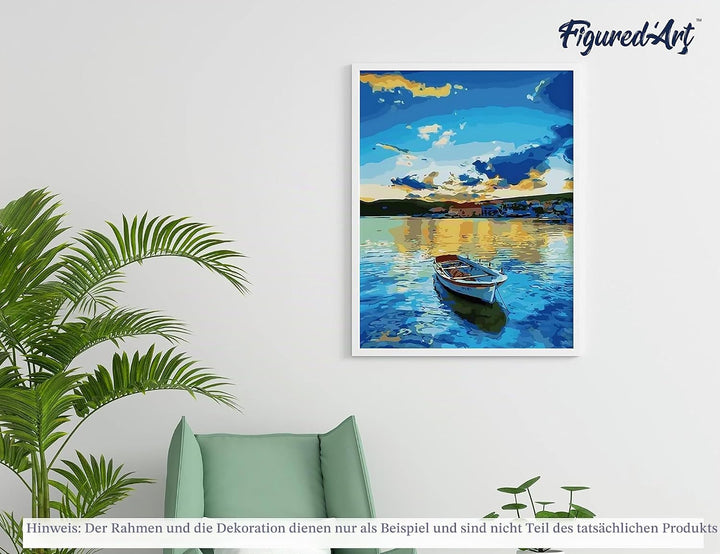 Figured'Art Malen Nach Zahlen Erwachsene Mit Rahmen Boot und Sonnenaufgang - Paint by Numbers Bastel