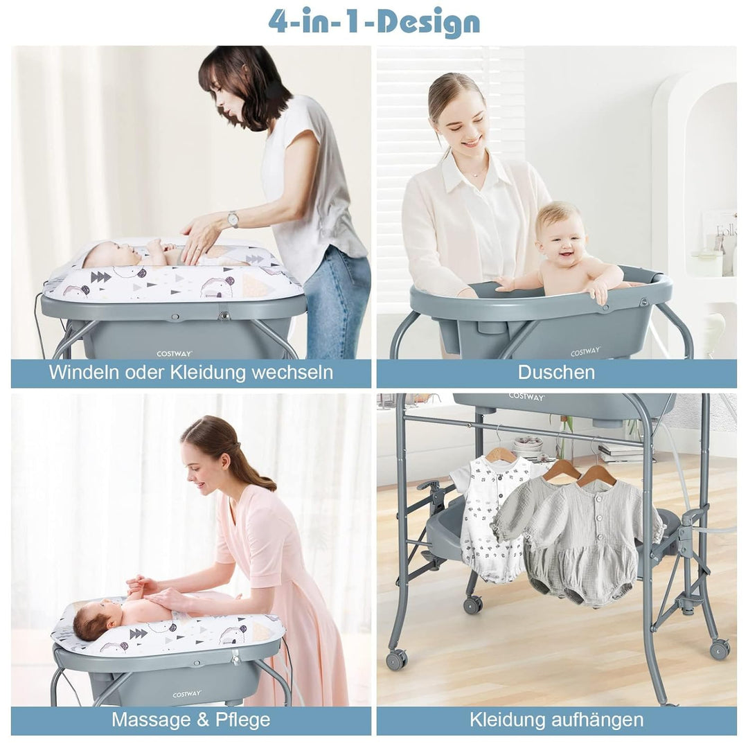 COSTWAY 4 in 1 Wickeltisch mit Badewanne, tragbare Wickelkommode mit PVC-Auflage & Abflussrohre, mob