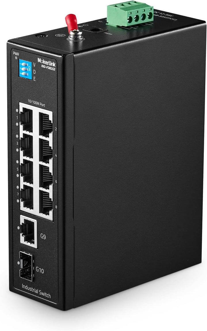 MokerLink 10 Port Industrial Din Rail Switch, 8 Ports 100Mbps,1 Gigabit Ethernet and 1 SFP Uplink, D