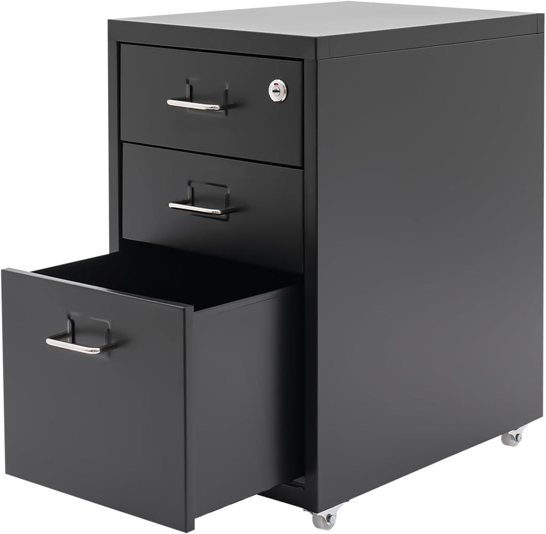 Rollcontainer Vertikaler Aktenchrank 3-Schubladen Metall-Schrank mit Schloss & Vier Rollen Stabiler