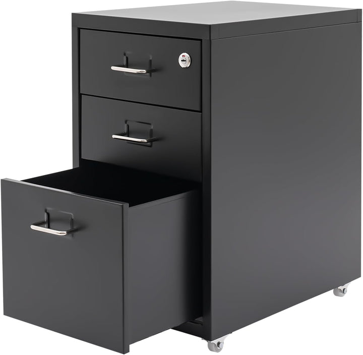 Rollcontainer Vertikaler Aktenchrank 3-Schubladen Metall-Schrank mit Schloss & Vier Rollen Stabiler