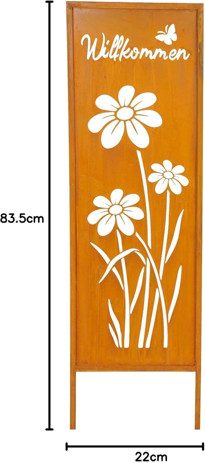 levandeo Gartenstecker Willkommen H83cm Stele Rost Rostdeko Braun Schmetterling Garten-Deko Gartenst