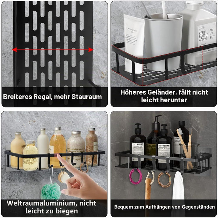Withosent Duschablage Ohne Bohren, 2 Stück Duschregal Schwarz Aluminium, Duschkorb Selbstklebend mit