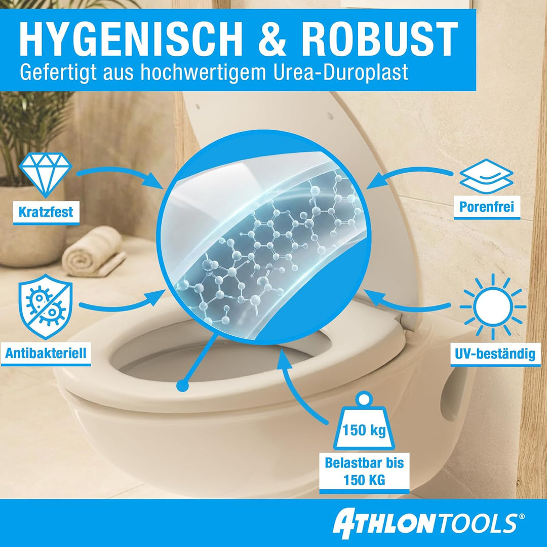 ATHLON TOOLS Toilettendeckel mit Absenkautomatik O-Form – Duroplast WC Sitz, Soft-Close & Quick-Rele