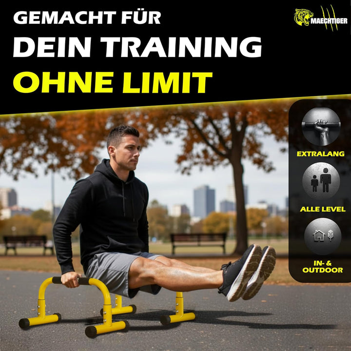 Parallettes – extralange Premium Liegestützgriffe/Push Up Bars aus Stahl – kein Wackeln durch Ausgle