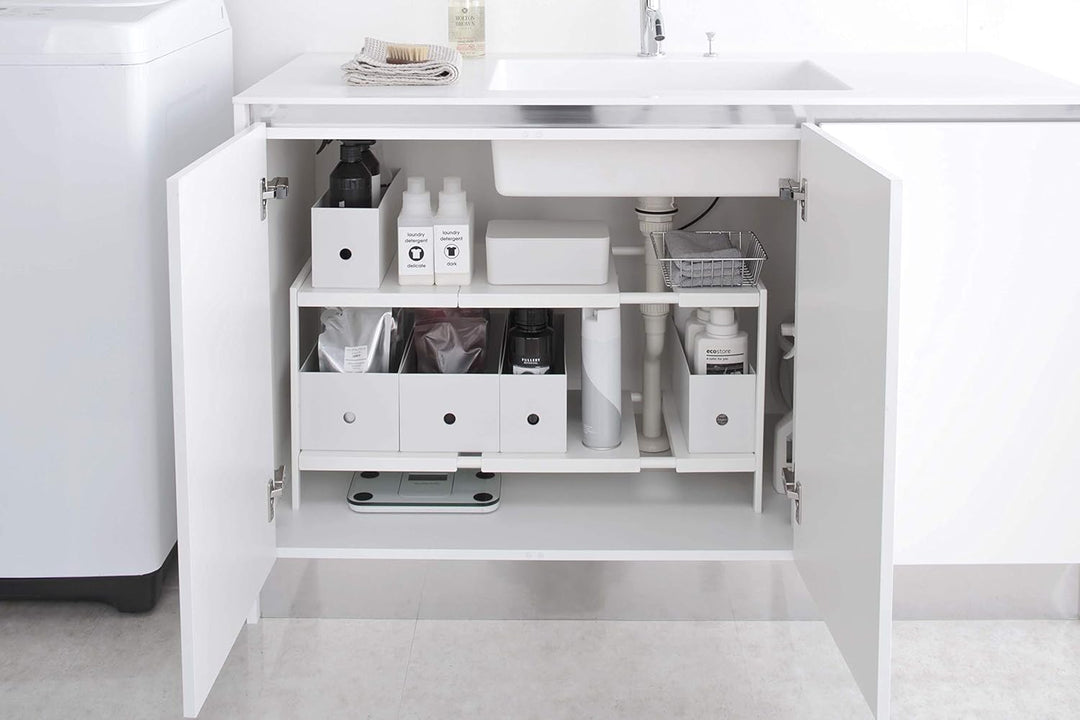 Yamazaki 4948 TOWER Ausziehbarer Organizer mit 2 Ebenen, weiss, Stahl, Minimalistisches Design