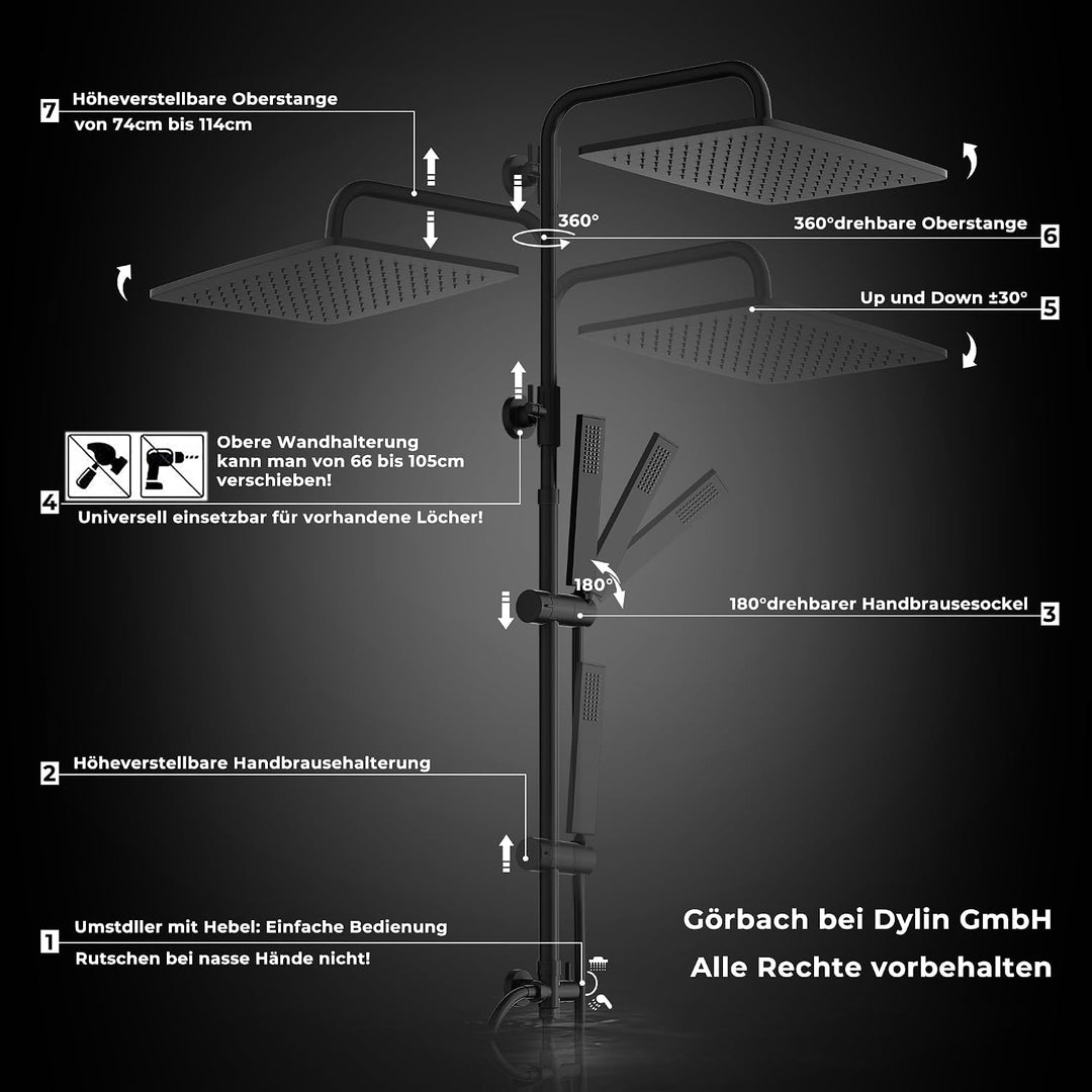 Görbach Duschset Duschsystem Überkopfbrauseset Duschstange Duschsäule ohne Duscharmatur matt schwarz