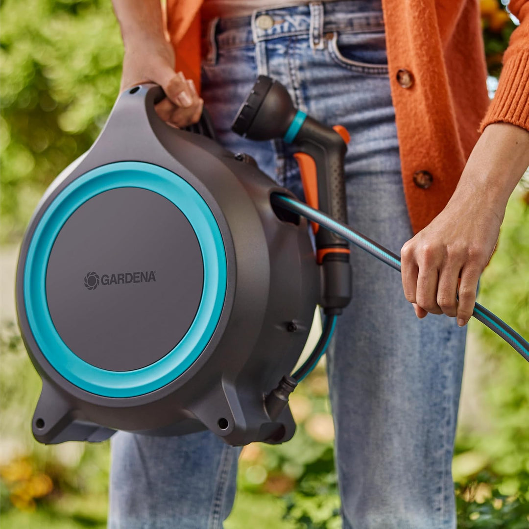 Gardena Mobile Schlauchbox MoveMatic Schlauchaufbewahrung: Ordentlich und tragbar, Einziehbarer Gart