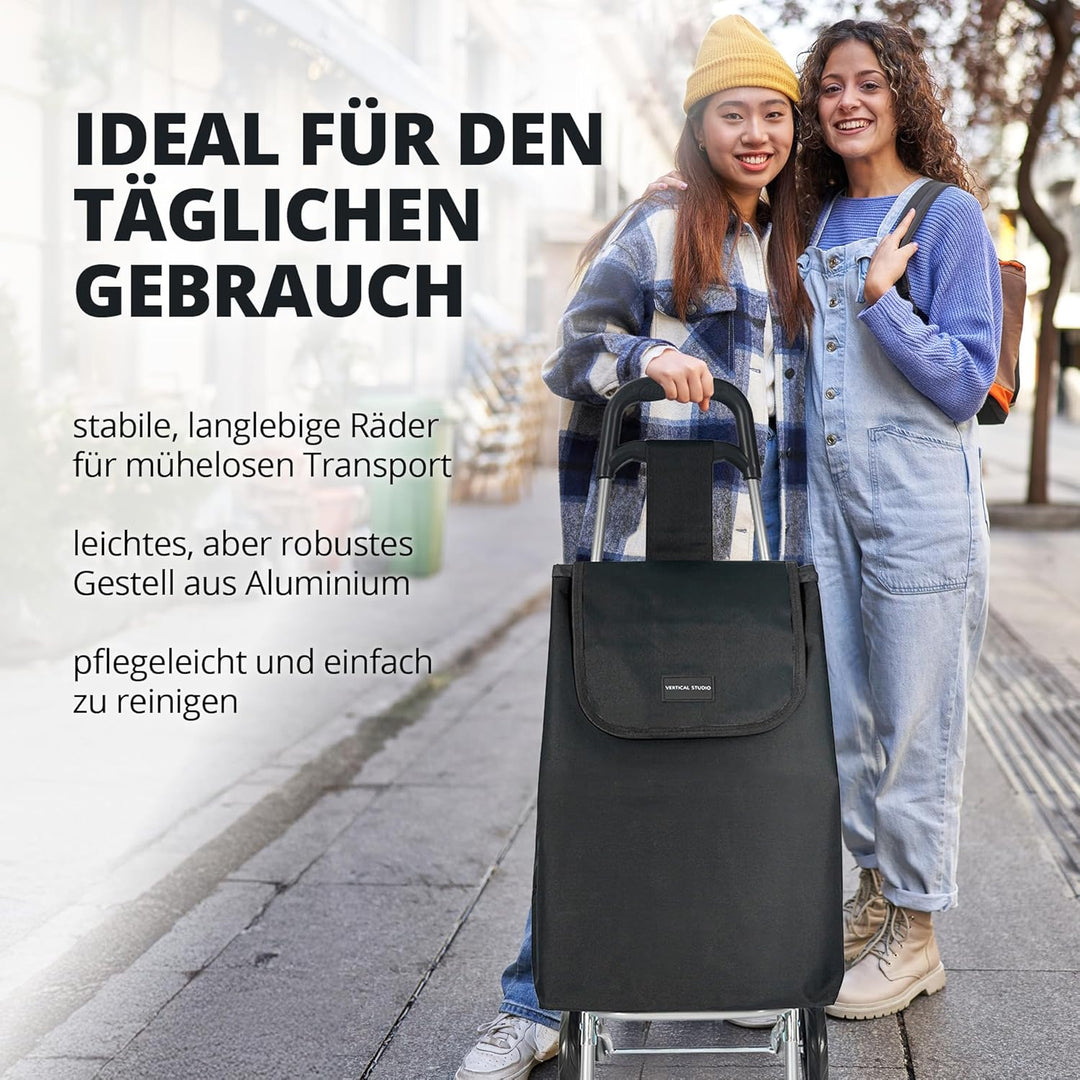 VERTICAL STUDIO Einkaufstrolley 35 L – Klappbar, leicht & robust, mit Alugestell, Reissverschlusstas