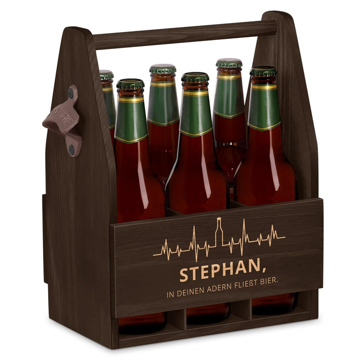 Maverton Bierträger für 6 Flaschen 0,5L + Gravur - Männerhandtasche mit Flaschenöffner - Grösse: 25x