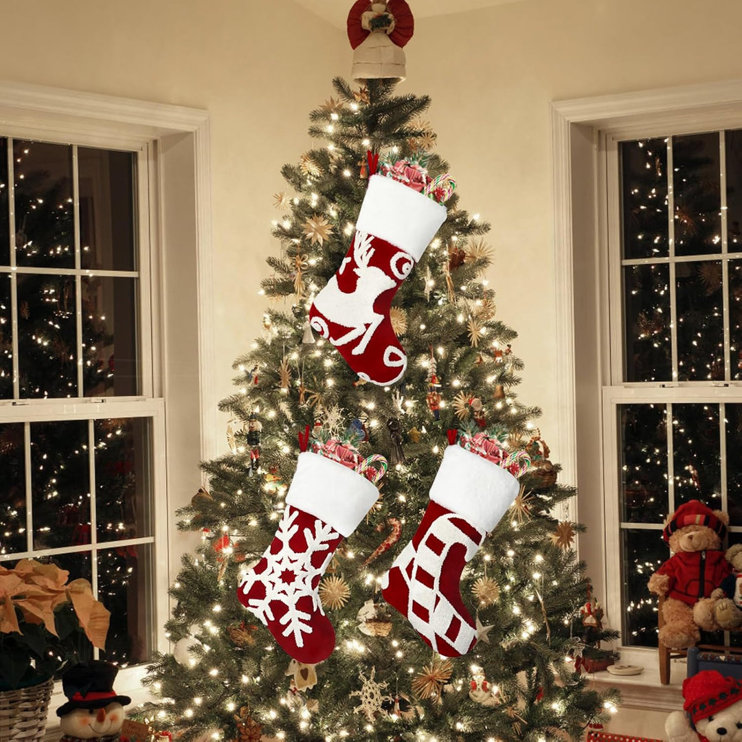 Weldomcor Weihnachtsstrumpf 3er Set, 50cm Weihnachtsstrümpfe Kamin Bestickte Elch Schneeflocke hänge
