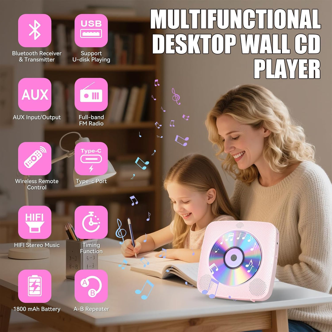 Gueray Desktop CD Player Bluetooth CD-Spieler mit Lautsprechern für Zuhause 1800mAh Tragbarer CD-Pla