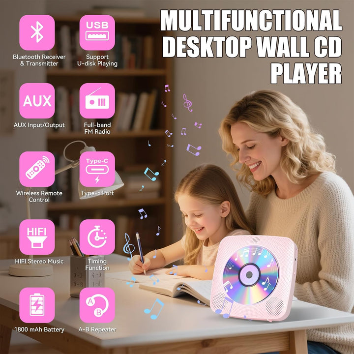 Gueray Desktop CD Player Bluetooth CD-Spieler mit Lautsprechern für Zuhause 1800mAh Tragbarer CD-Pla