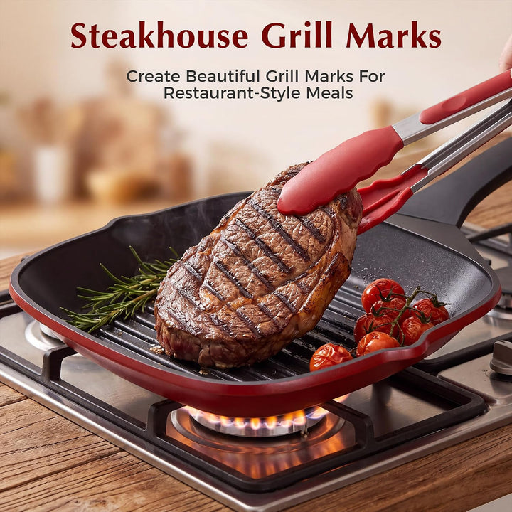 Grillpfanne 28 x 28 cm mit Ausguss, Steakpfanne quadratisch gerillt Antihaftbeschichtetes Aluminium,