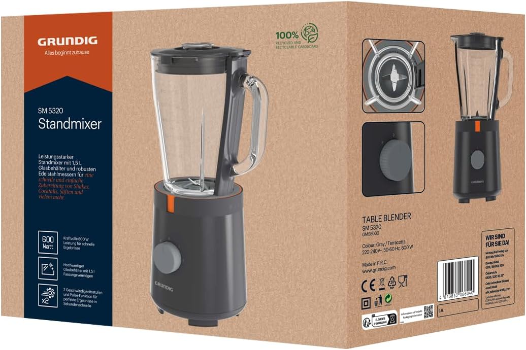 Grundig SM 5320 Standmixer, 1,5 Liter Glasbehälter, 600 Watt, 4-fach Edelstahlmesser, 2 Geschwindigk