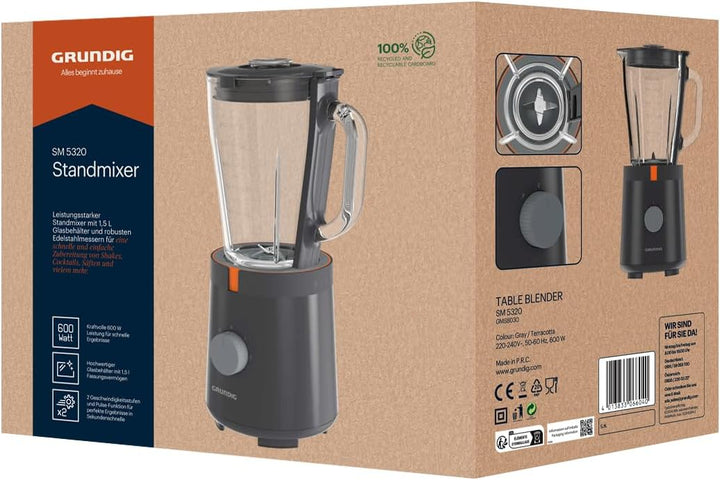 Grundig SM 5320 Standmixer, 1,5 Liter Glasbehälter, 600 Watt, 4-fach Edelstahlmesser, 2 Geschwindigk