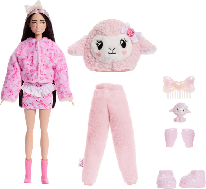 Barbie Cutie Reveal Puppe und Zubehör, Lamm der Cuddly-Reihe mit 10 Überraschungen, inklusive Farbwe