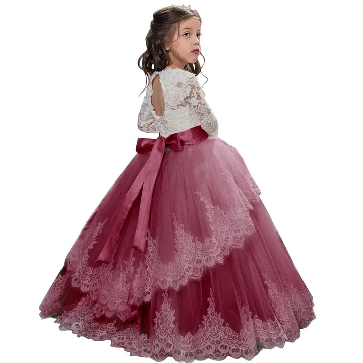 PLWEDDING Spitze Lange Ärmel Blumenmädchen Kleid Prinzessin Tüll Kleid für Kinder Erstkommunion Klei