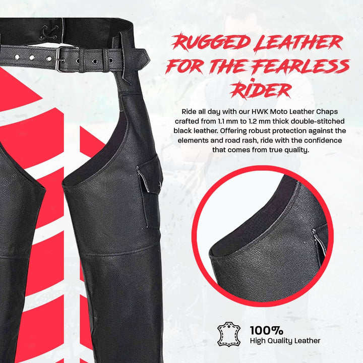 HWK Motorrad-Lederchaps für Damen und Herren, schwarze Motorradchaps für Strassenausschlagschutz und