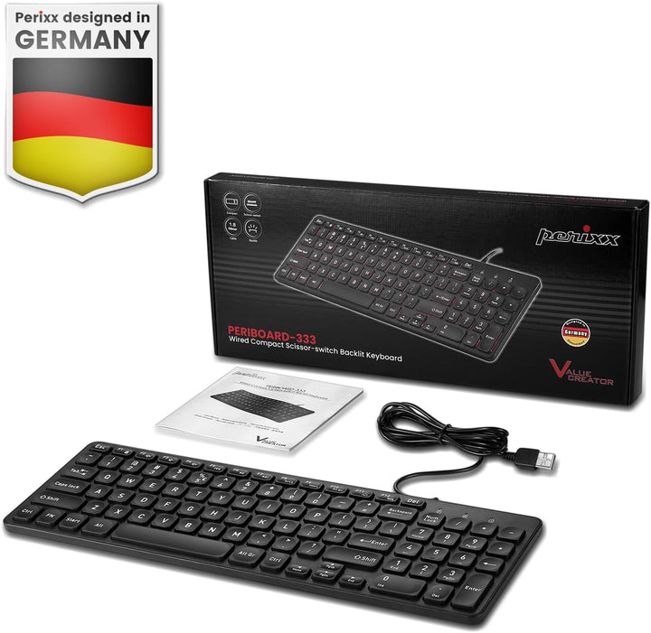 Perixx PERIBOARD-333B Wired Backlit USB Keyboard- X Type Scissor Keys - Compact 14.25x4.57 Inches -