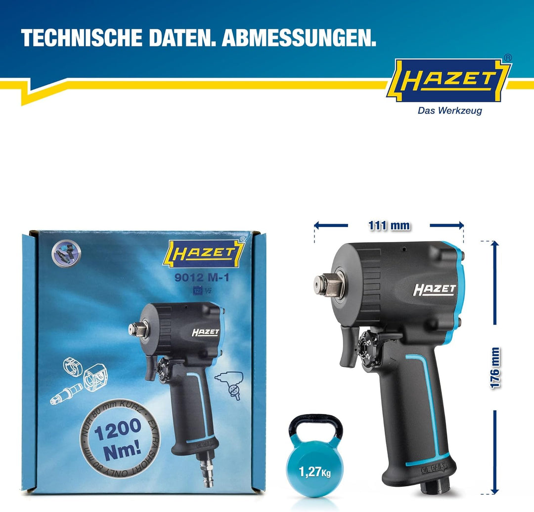HAZET Druckluft-Schlagschrauber 9012M-1 | extra kurz - nur 80 mm, Max. Lösemoment: 1200 Nm, Vierkant