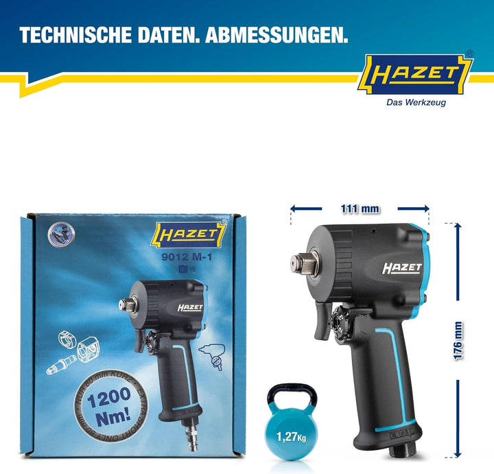 HAZET Druckluft-Schlagschrauber 9012M-1 | extra kurz - nur 80 mm, Max. Lösemoment: 1200 Nm, Vierkant