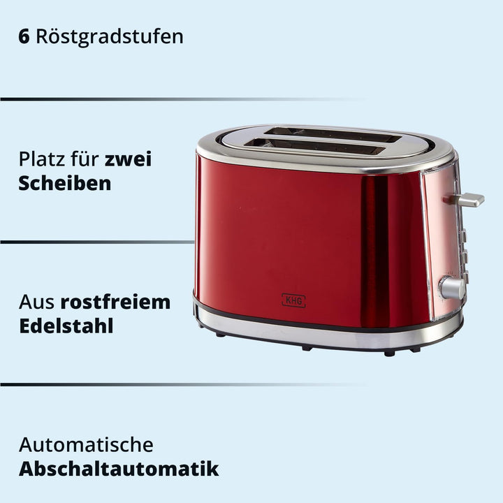 KHG Frühstücksset aus Wasserkocher & Toaster in Rot, Edelstahl Metallic Chrom, 1,7l Kapazität & 2 To