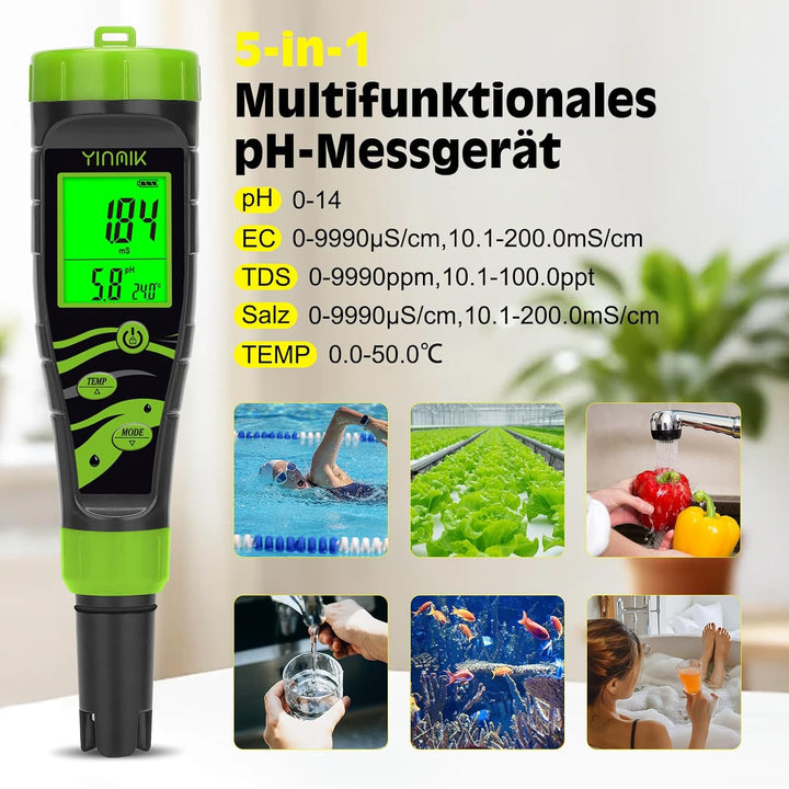 YINMIK 5 in 1 pH Messgerät Wasser, Pool pH Messgerät, Digitales pH EC Messgerät, Salzgehalt pH Teste
