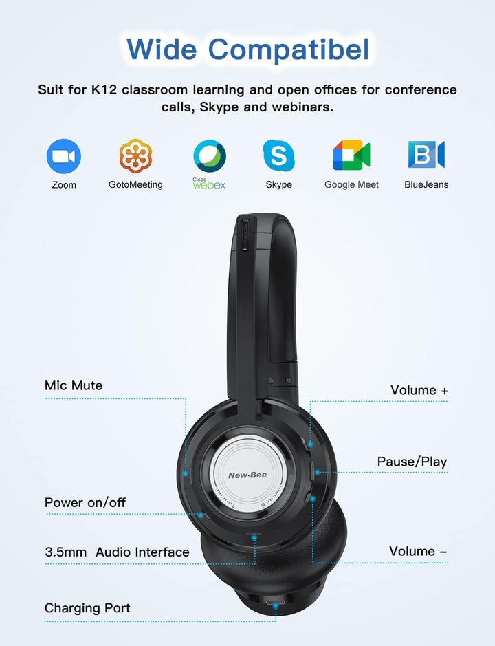 New Bee Wireless Headset, Bluetooth Headset mit Mikrofon Geräuschunterdrückung 20 Stunden Sprechzeit
