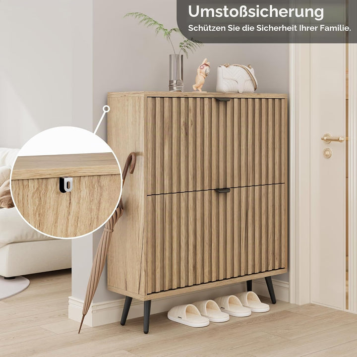 Smuxee Schuhschrank mit 2 Klappschubladen, 80 cm, natürlicher versteckter Schuhschrank mit geriffelt