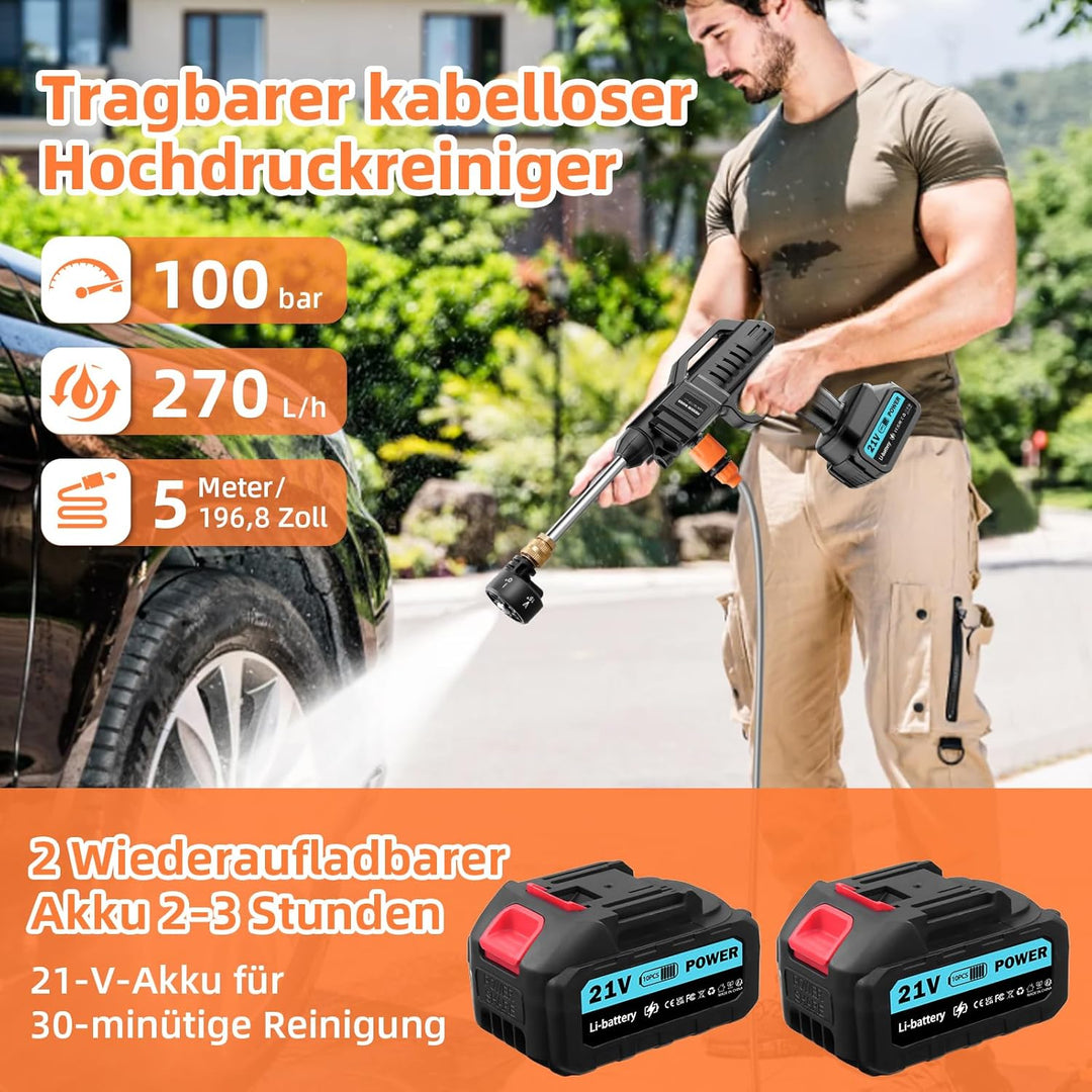 Akku Hochdruckreiniger, 21V, 100 bar, tragbarer Druck mit 2 x 3000 mah Lithium-Akku, 6-in-1-Düse, 5