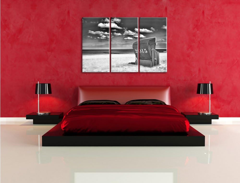 Pixxprint Monocrome, Roter Strandkorb an der Nordsee 3-Teiler Leinwandbild 120x80 Bild auf Leinwand