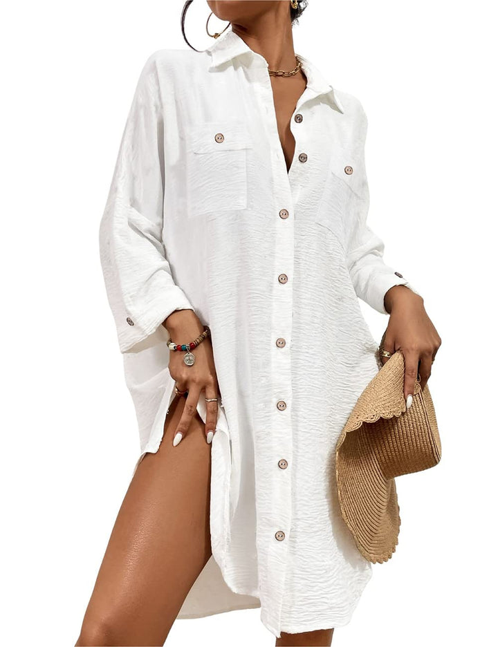 Bsubseach Frauen Badeanzug Coverup Shirt Kleid Button Down Badeanzug Cover Up Beachwear, B-weiß