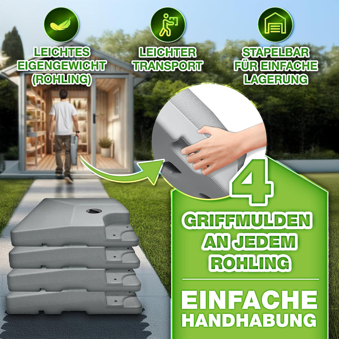 tillvex® Sonnenschirmständer 90 Liter / 120 kg – 4-teilig für Ampelschirm inkl. Metallverbinder | Sc