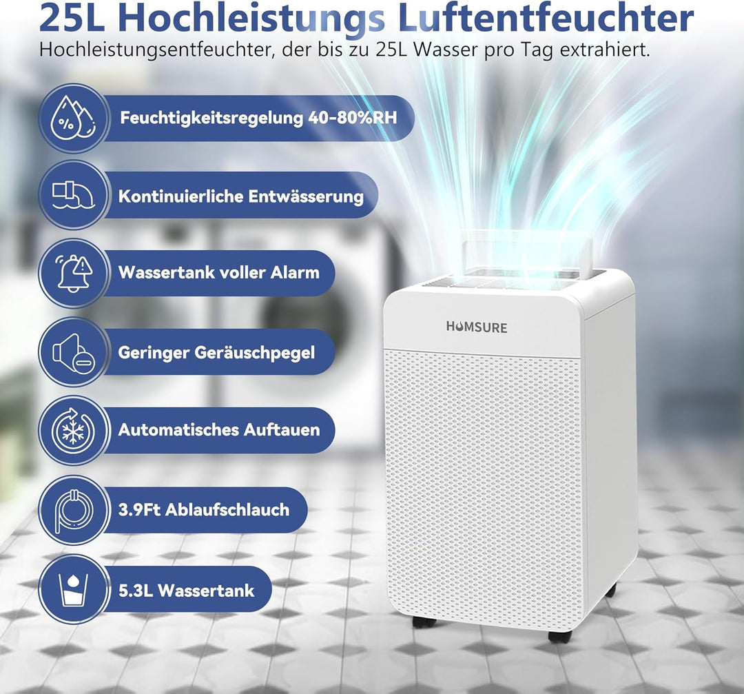 HUMSURE Luftentfeuchter Elektrisch 25L/24H, Luftentfeuchter Kellerräume mit 5,5 Liter Wassertank, Ti