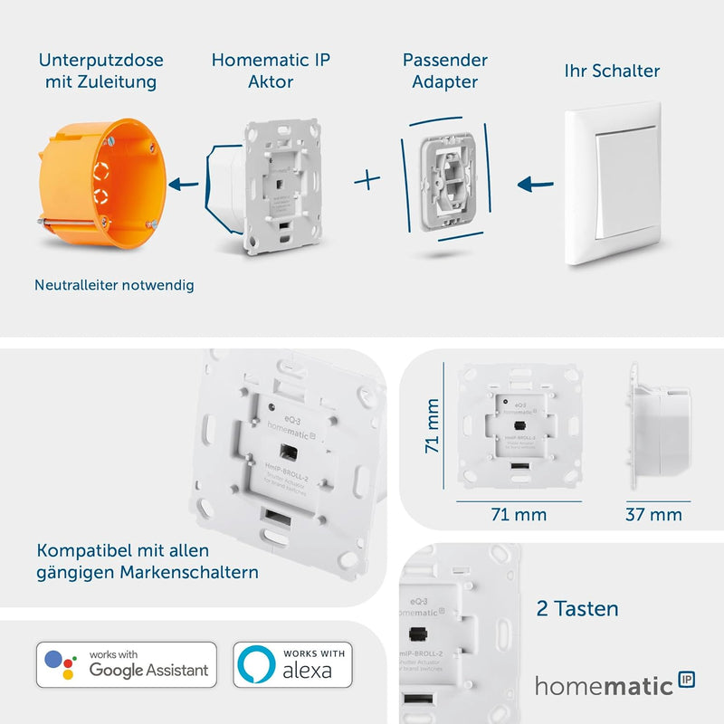 Homematic IP Smart Home Rollladenaktor für Markenschalter, digitale Steuerung für 1 Rollläden per Ap