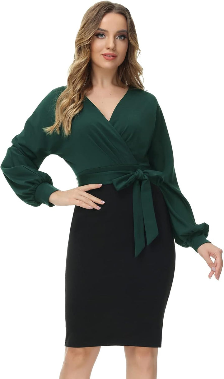 GRACE KARIN Damen Arbeit Bodycon Bleistiftkleid Langarm Hochzeit Gast Büro Kleider V-Ausschnitt Part