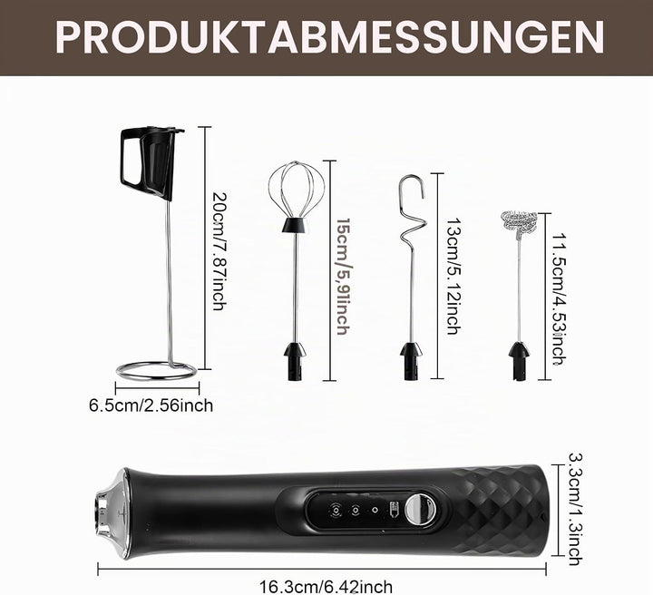 Milchaufschäumer Elektrisch Stab, USB Wiederaufladbarer Aufschäumer con Ständer, 3 Abnehmbarem Schne