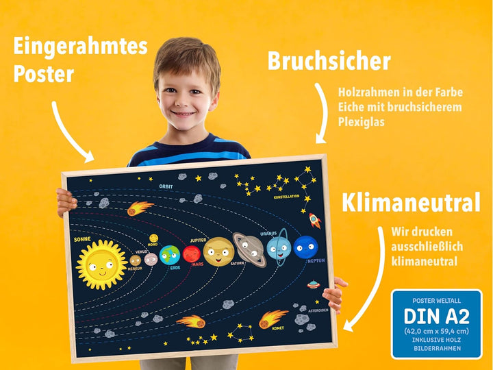 kizibi® Weltraum Kinder Poster mit Rahmen Eiche, Weltall Universum für Mädchen und Jungen im Kinderz