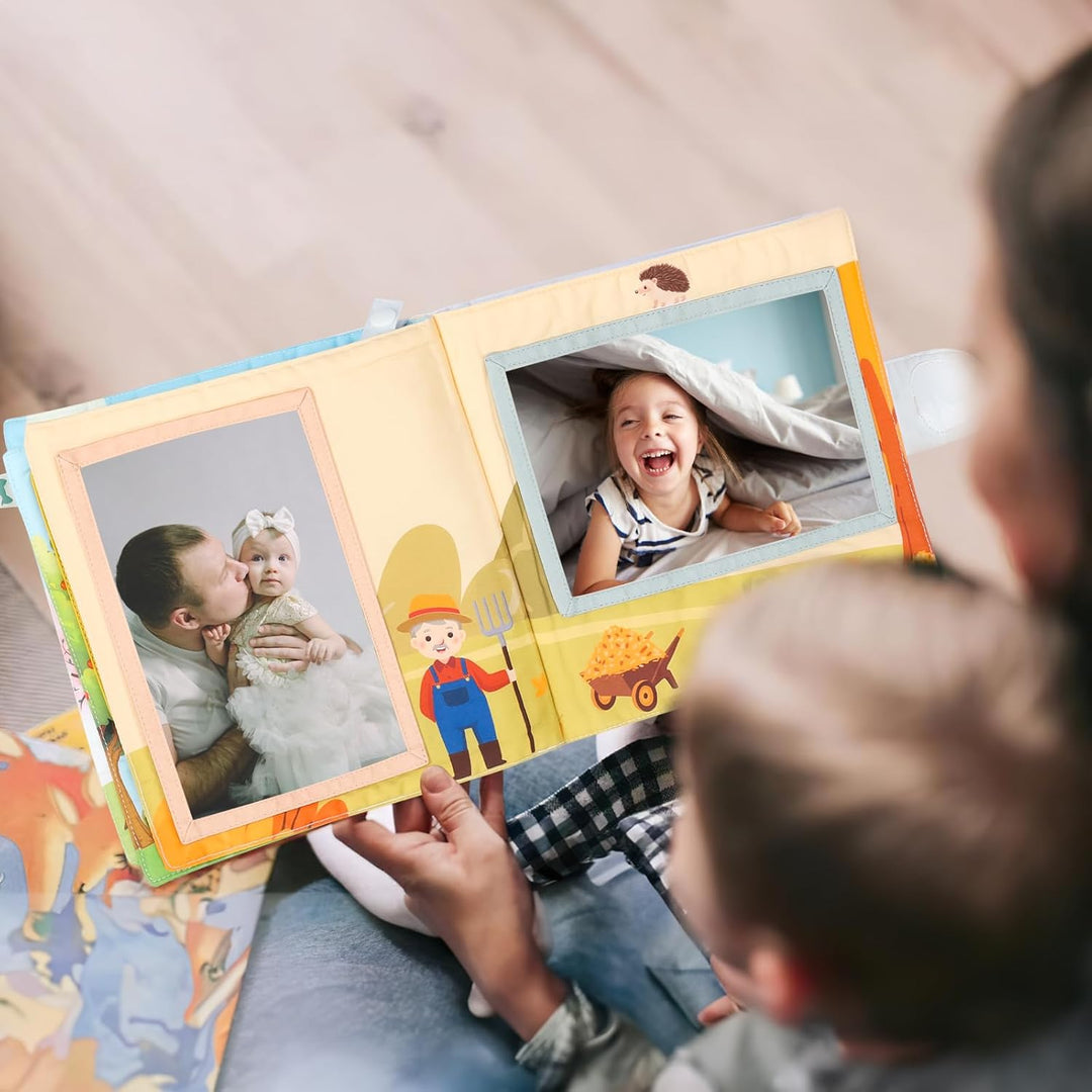 Fotoalbum Baby Kinder Fotobuch aus Bio-Baumwolle Bauernhof I mit Beissring und Anhänger als Erinneru
