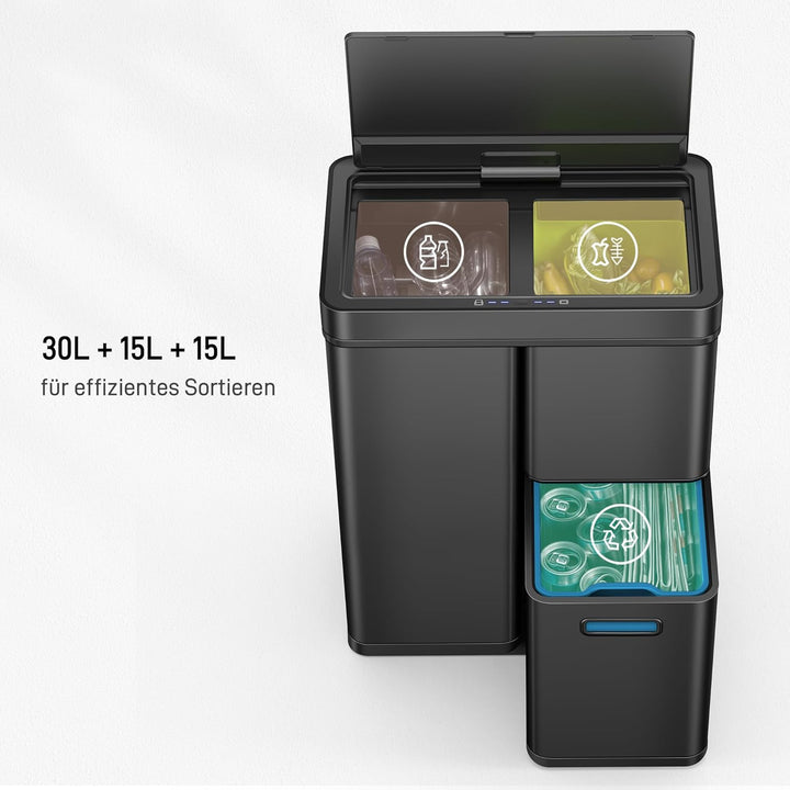 EKO Mirage Plus Mülleimer mit 3 Fächer, 2 x 15 L und 30 L, Recycler Mülleimer mit Sensor, 3 Kunststo