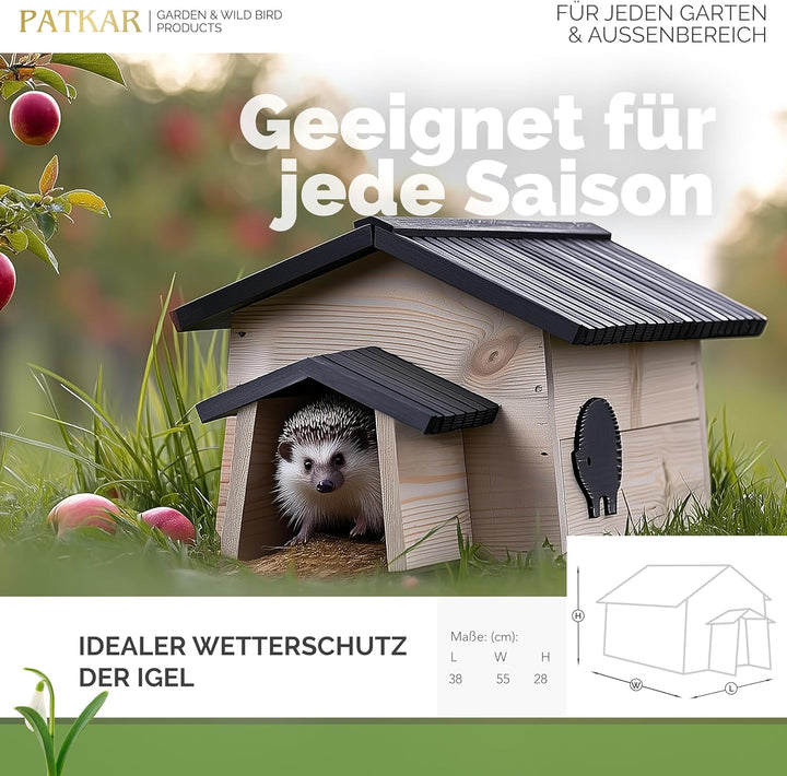 PATKAR Igelhaus Winterfest mit Boden [SCHÜTZT VOR FRESSFEINDEN] - Premium Igelfutterhaus (Made in Eu