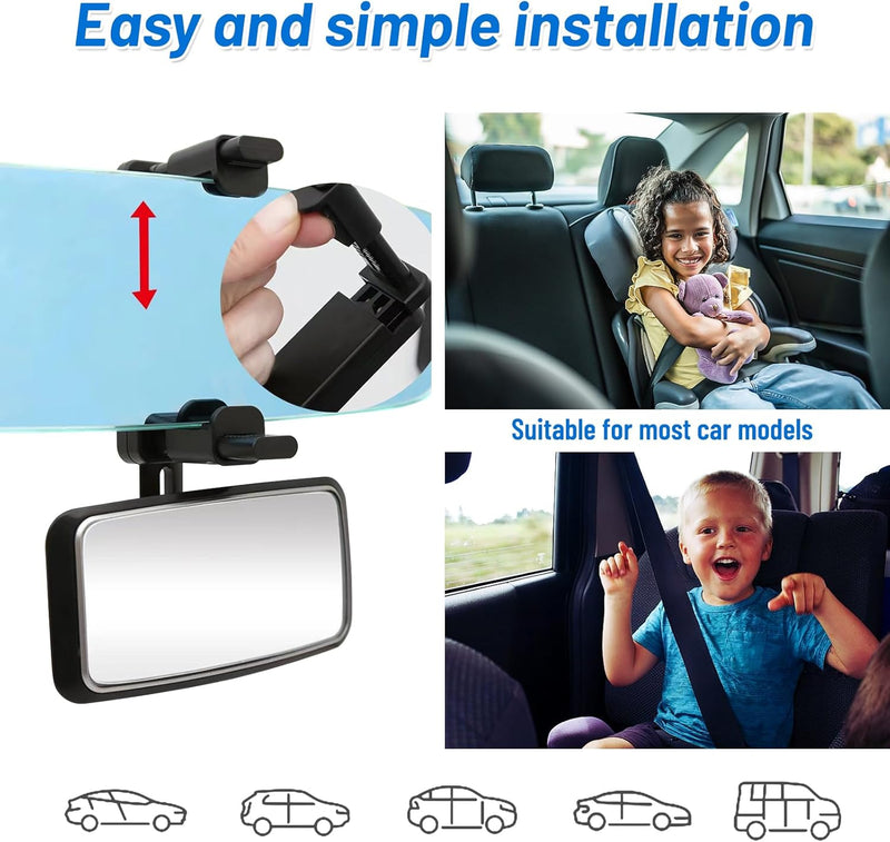 Spiegel Auto Baby, Rückspiegel Baby Auto mit Gefederten Clips, Glas-Spiegel, 360° Drehbar, Rücksitzs