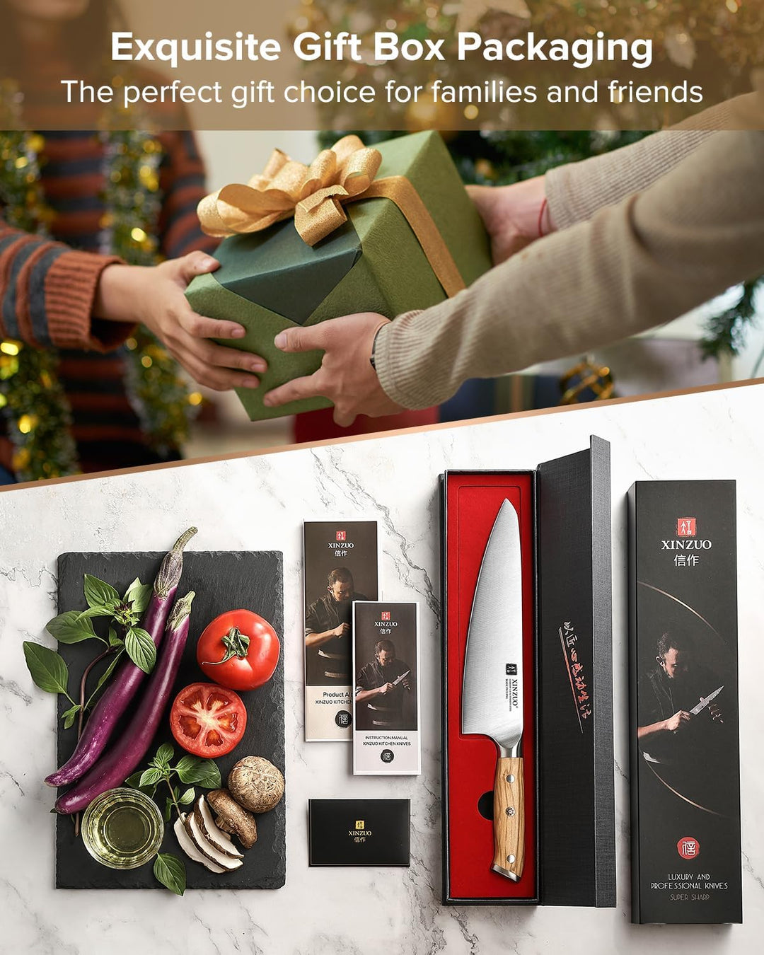 XINZUO Edelstahl 21cm Kochmesser -Profi Geschmiedet Scharf Chefmesser Deutschem 1.4116 Edelstahl Küc