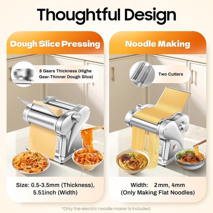 Nudelmaschine Elektrische Edelstahl Pasta Maker mit 2 Klingen 2 mm/4 mm, 8-Stufige Dickeinstellung,